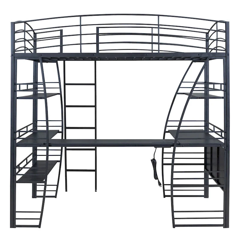 Twin Size Loft Bed with 4 Layers of Shelves and L-shaped Desk, with a set of Sockets, USB Ports and and Wireless Charging