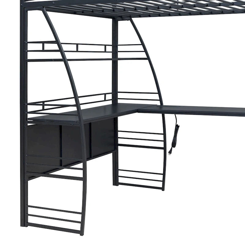 Twin Size Loft Bed with 4 Layers of Shelves and L-shaped Desk, with a set of Sockets, USB Ports and and Wireless Charging
