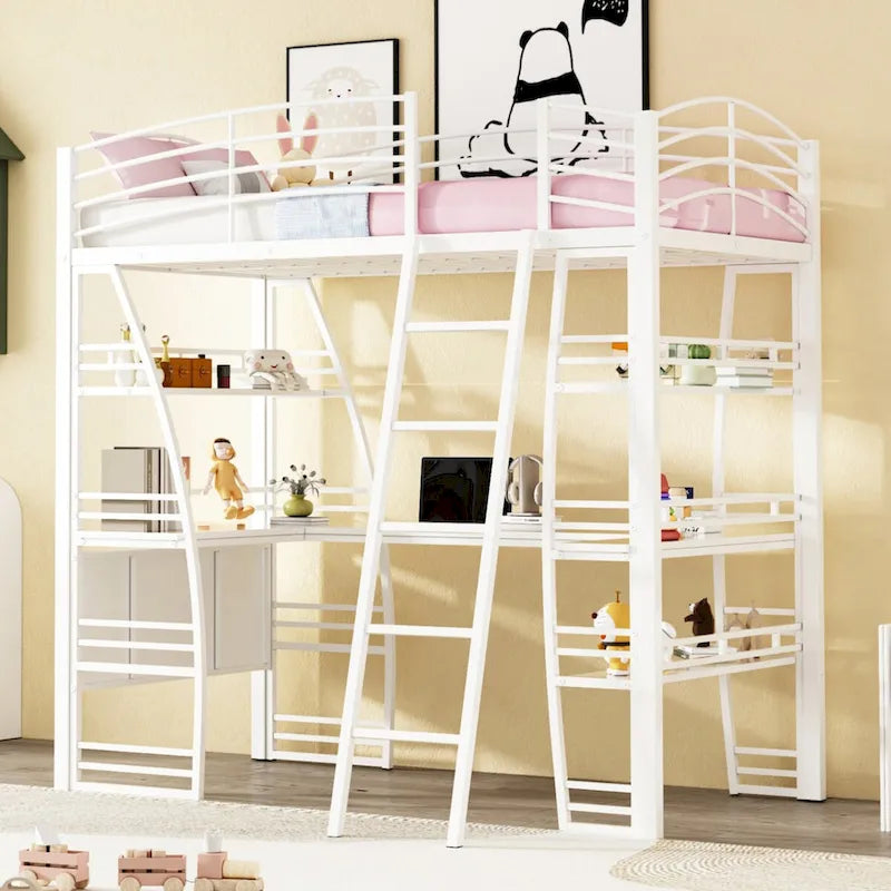 Twin Size Loft Bed with 4 Layers of Shelves and L-shaped Desk, with a set of Sockets, USB Ports and and Wireless Charging