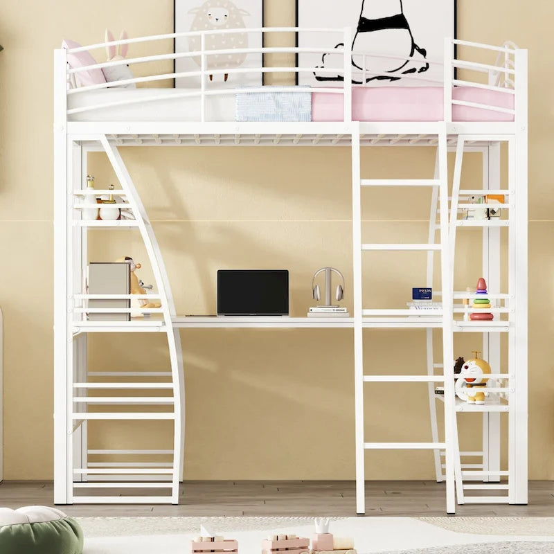 Twin Size Loft Bed with 4 Layers of Shelves and L-shaped Desk, with a set of Sockets, USB Ports and and Wireless Charging