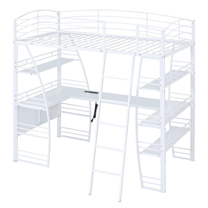 Twin Size Loft Bed with 4 Layers of Shelves and L-shaped Desk, with a set of Sockets, USB Ports and and Wireless Charging