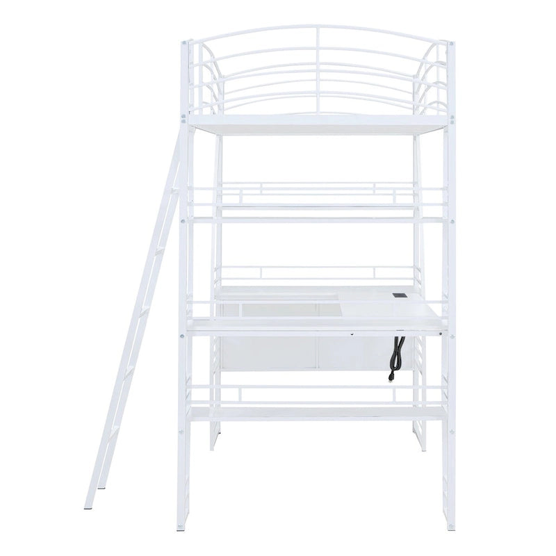 Twin Size Loft Bed with 4 Layers of Shelves and L-shaped Desk, with a set of Sockets, USB Ports and and Wireless Charging
