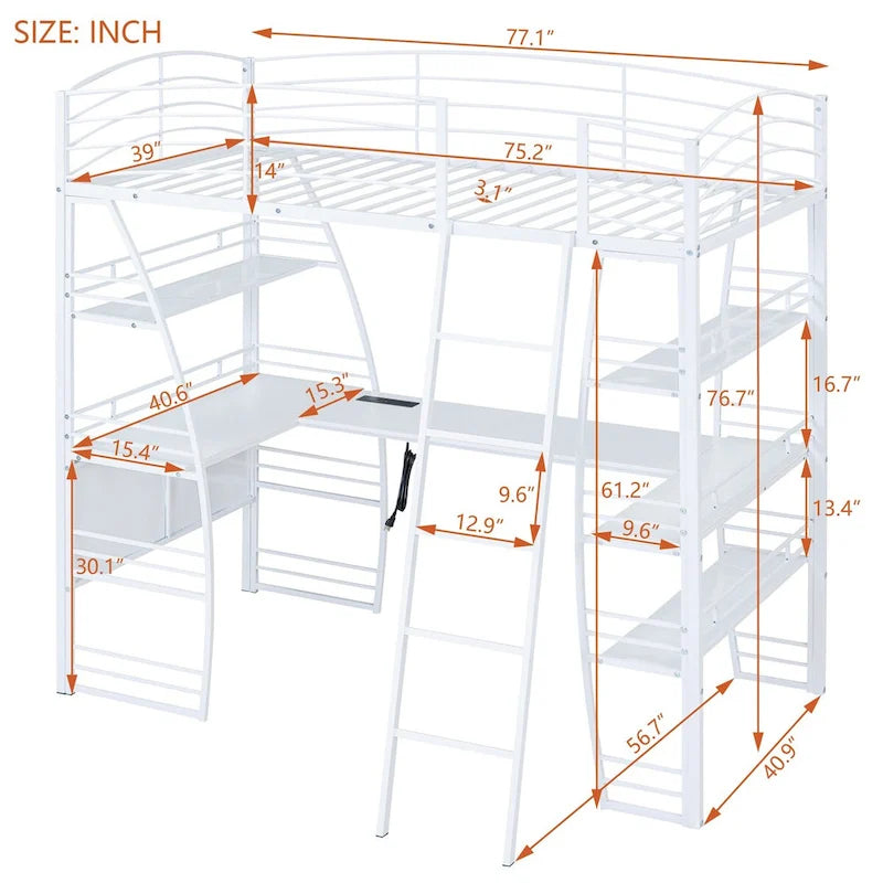 Twin Size Loft Bed with 4 Layers of Shelves and L-shaped Desk, with a set of Sockets, USB Ports and and Wireless Charging