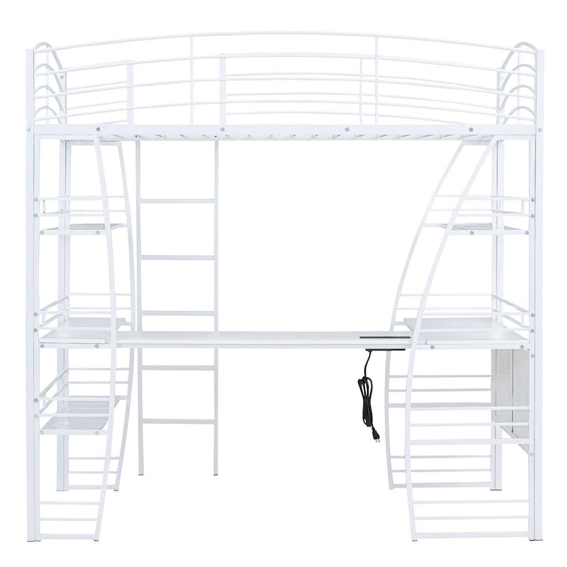 Twin Size Loft Bed with 4 Layers of Shelves and L-shaped Desk, with a set of Sockets, USB Ports and and Wireless Charging