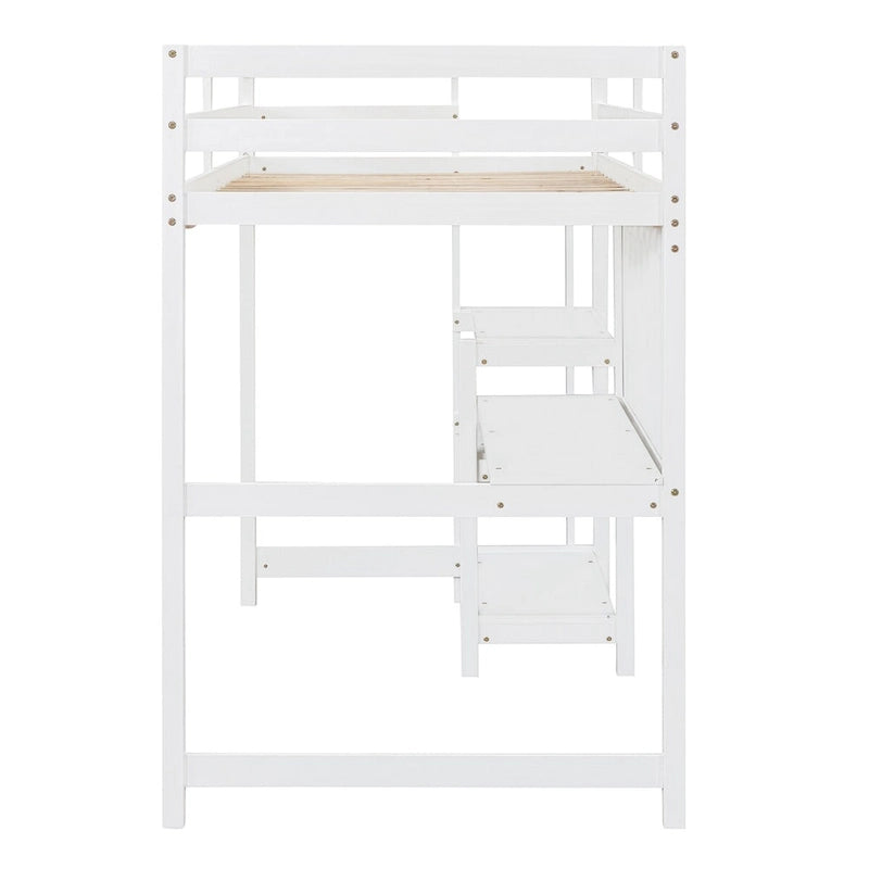 White Wooden Loft Bed with 3-Layer Shelves, Desk, and Writing Board, Full-Length Guardrail