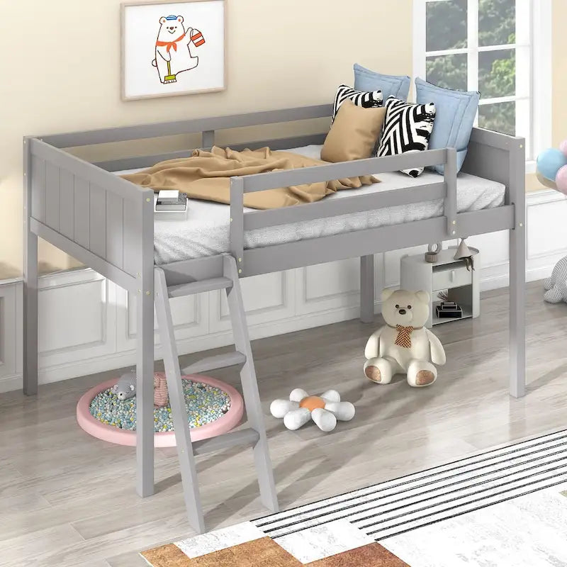 Twin Size Wood Low Loft Bed with Ladder