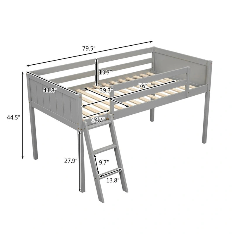 Twin Size Wood Low Loft Bed with Ladder