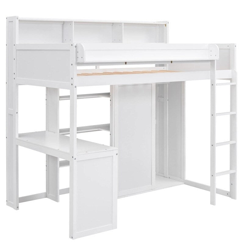 Wooden Twin Size Loft bed with Multiple Storage Shelves and Wardrobe