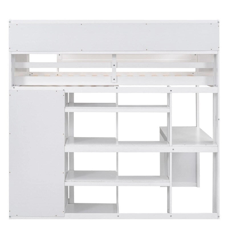 Wooden Twin Size Loft bed with Multiple Storage Shelves and Wardrobe