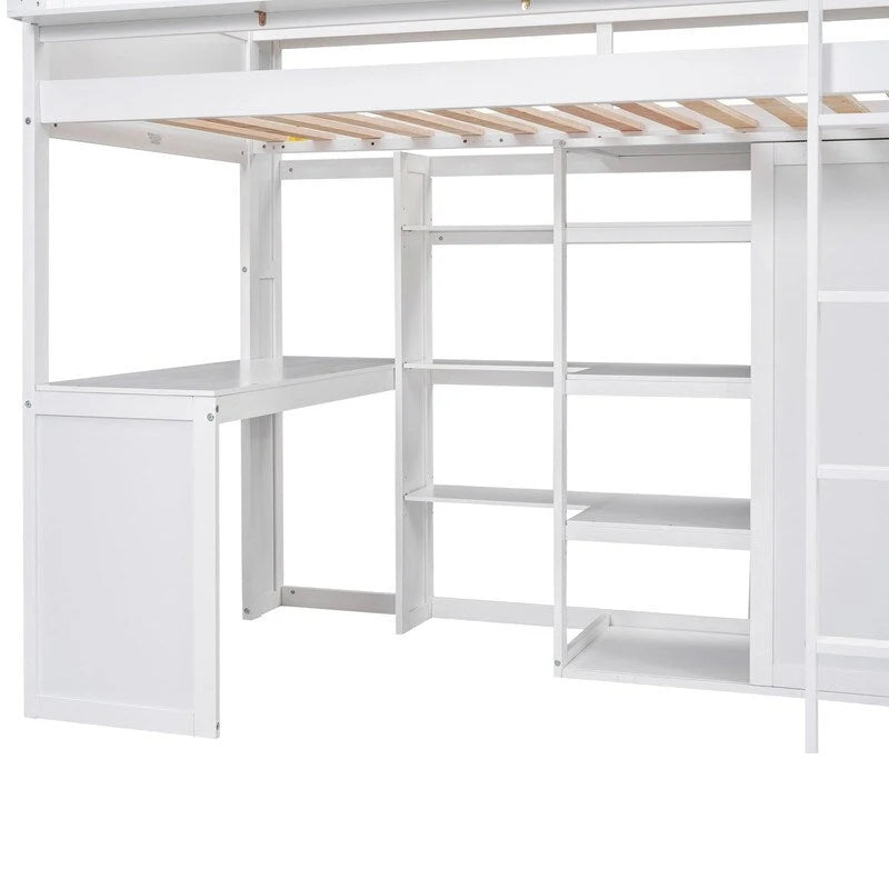 Wooden Twin Size Loft bed with Multiple Storage Shelves and Wardrobe