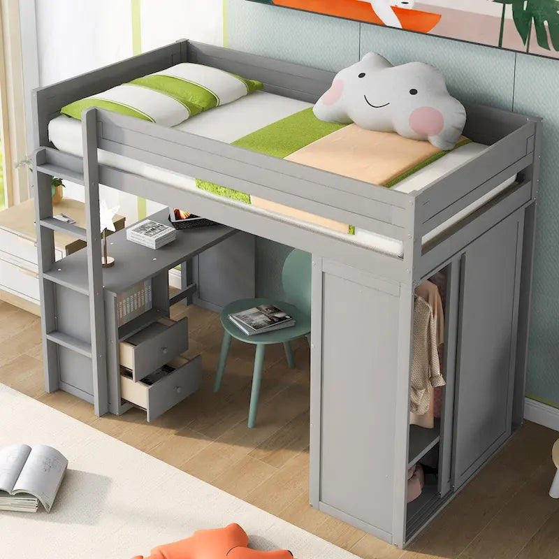 Wood with Wardrobes and 2-Drawer Desk with Cabinet