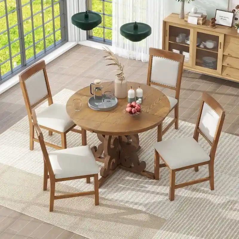 5-Piece Retro Functional Dining Set,a 16-Inch Leaf and 4 Upholstered Chairs for Dining Room and Kitchen