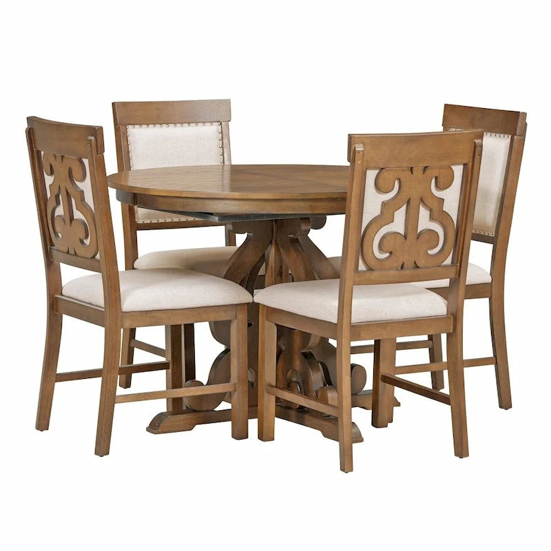 5-Piece Retro Functional Dining Set,a 16-Inch Leaf and 4 Upholstered Chairs for Dining Room and Kitchen