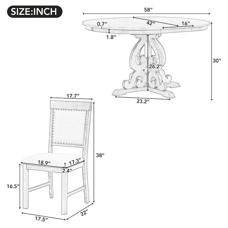 5-Piece Retro Functional Dining Set,a 16-Inch Leaf and 4 Upholstered Chairs for Dining Room and Kitchen