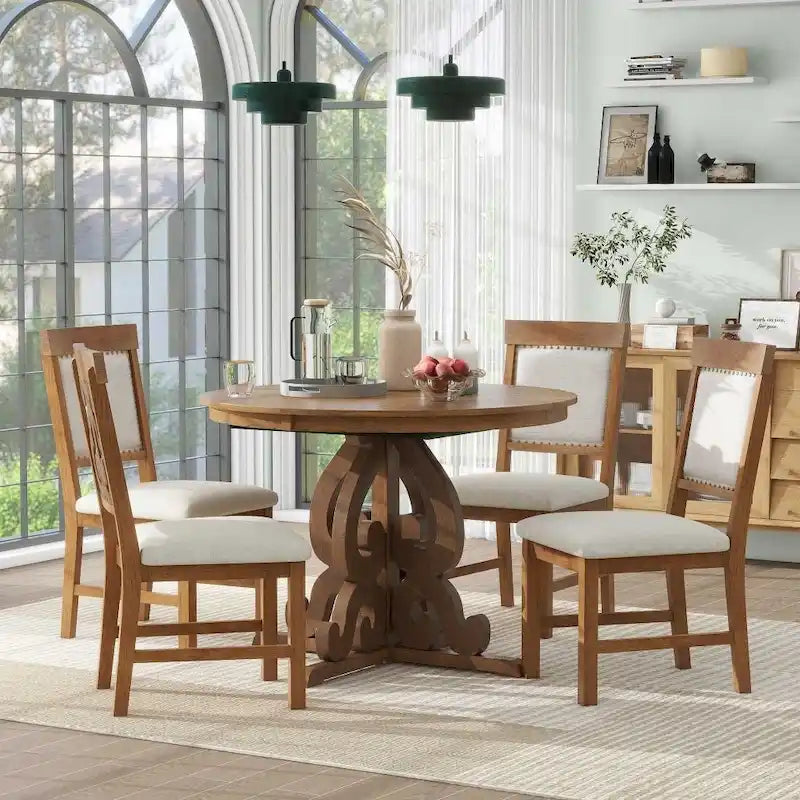 5-Piece Retro Functional Dining Set,a 16-Inch Leaf and 4 Upholstered Chairs for Dining Room and Kitchen