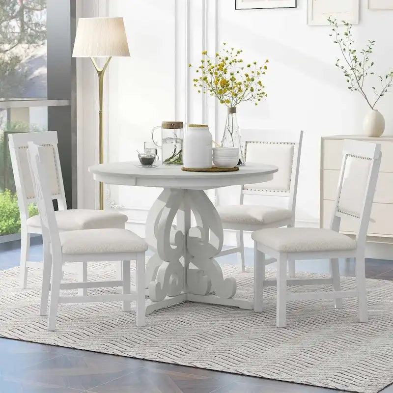 5-Piece Retro Functional Dining Set,a 16-Inch Leaf and 4 Upholstered Chairs for Dining Room and Kitchen