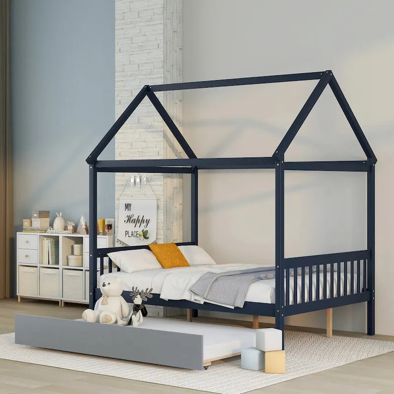 Full Size House Bed with Trundle and Charming Roof Detail