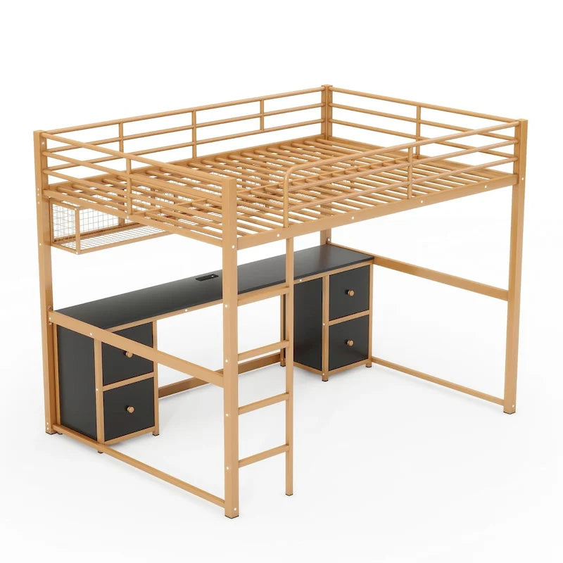 Metal Loft Bed with Desk, Drawers and Bedside Tray, Charging Station, USB and Socket