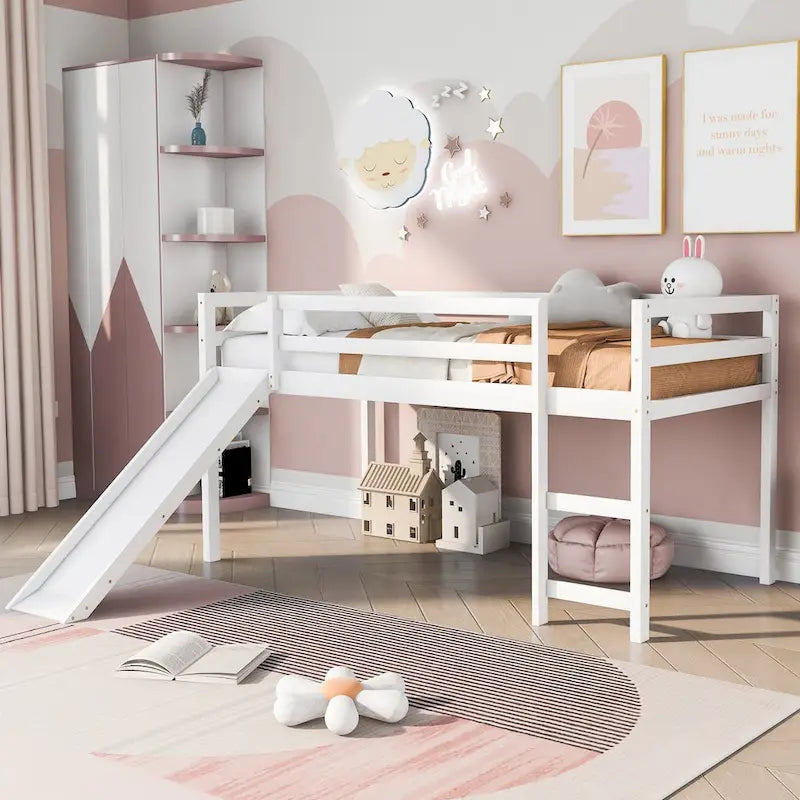Twin Size Solid Wood Loft Bed with Slide and Ladder