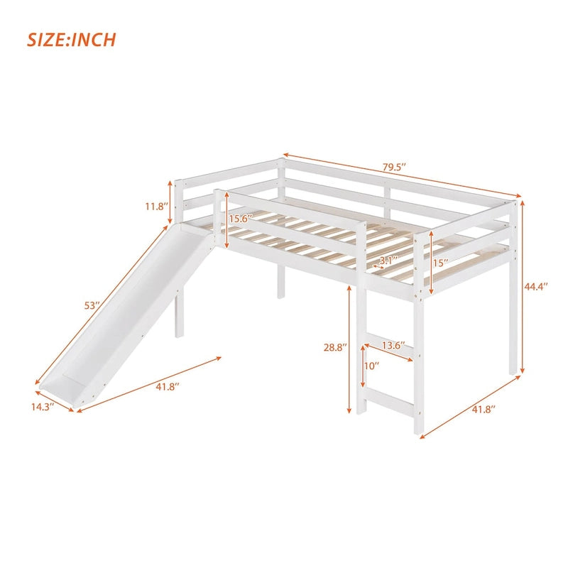 Twin Size Solid Wood Loft Bed with Slide and Ladder