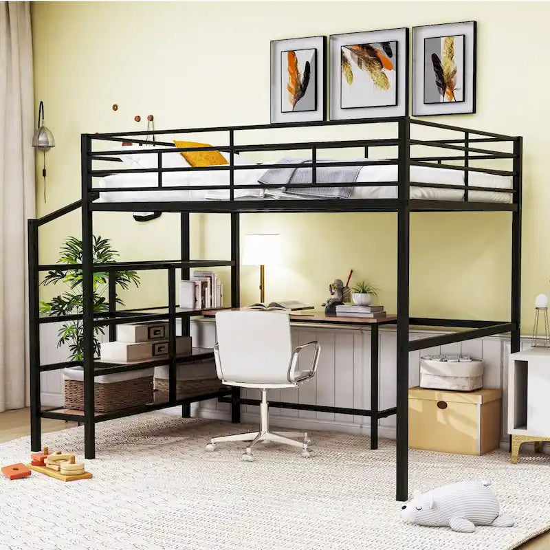 Black Full Metal Loft Bed with Desk & Storage Ladder
