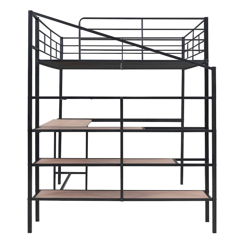 Black Full Metal Loft Bed with Desk & Storage Ladder