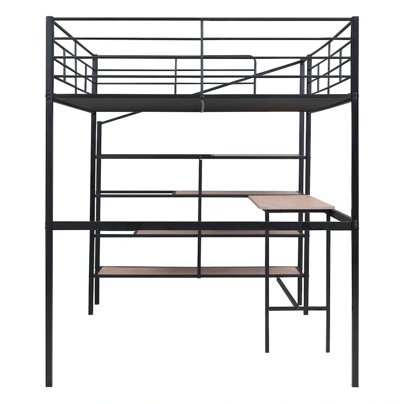 Black Full Metal Loft Bed with Desk & Storage Ladder