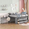 Loft Bed with Writing Desk and 4 Drawers, Wooden Loft Bed with Lateral Portable Desk and Shelves