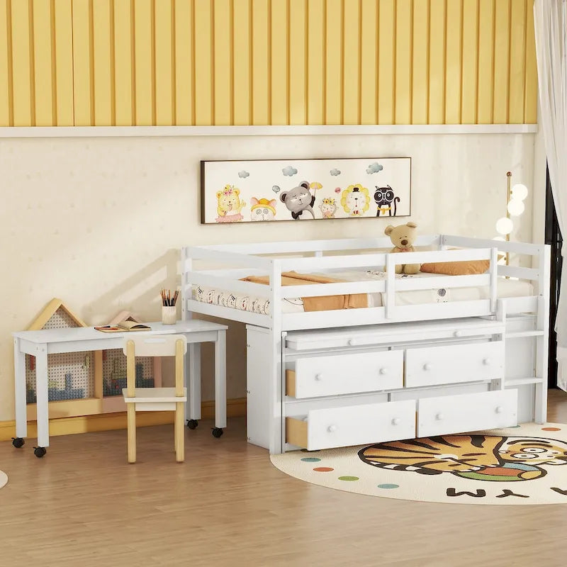 Loft Bed with Writing Desk and 4 Drawers, Wooden Loft Bed with Lateral Portable Desk and Shelves
