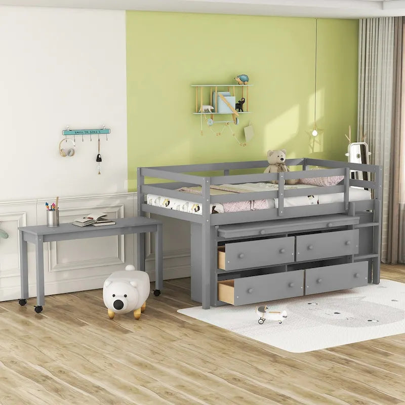 Loft Bed with Writing Desk and 4 Drawers, Wooden Loft Bed with Lateral Portable Desk and Shelves