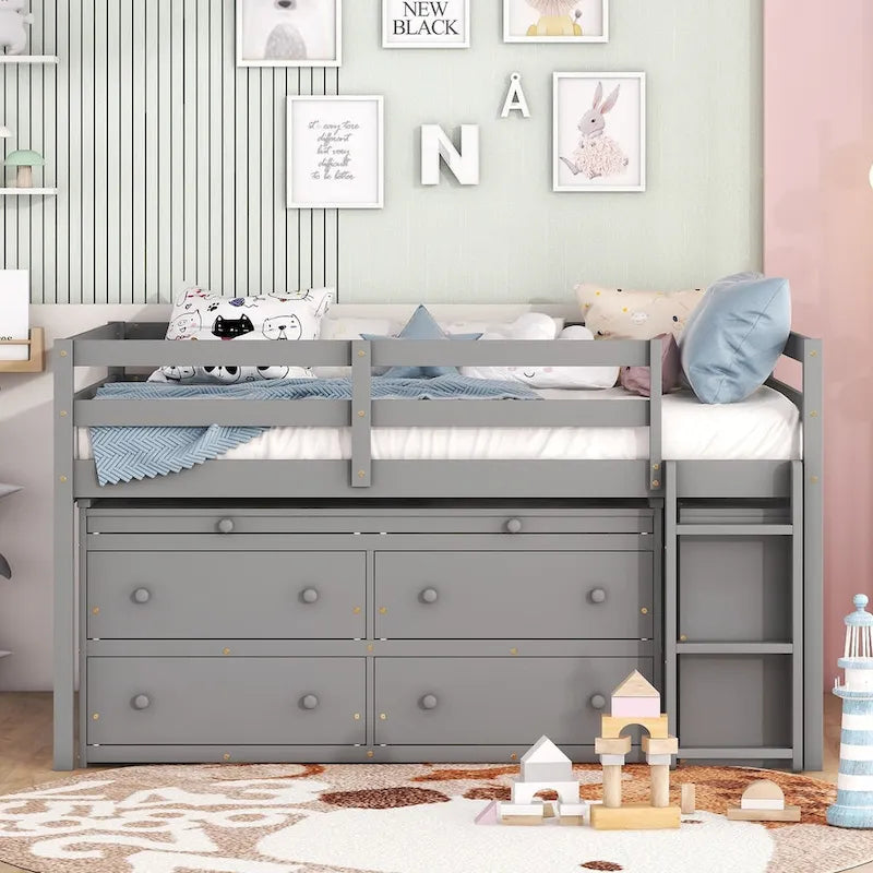 Loft Bed with Writing Desk and 4 Drawers, Wooden Loft Bed with Lateral Portable Desk and Shelves