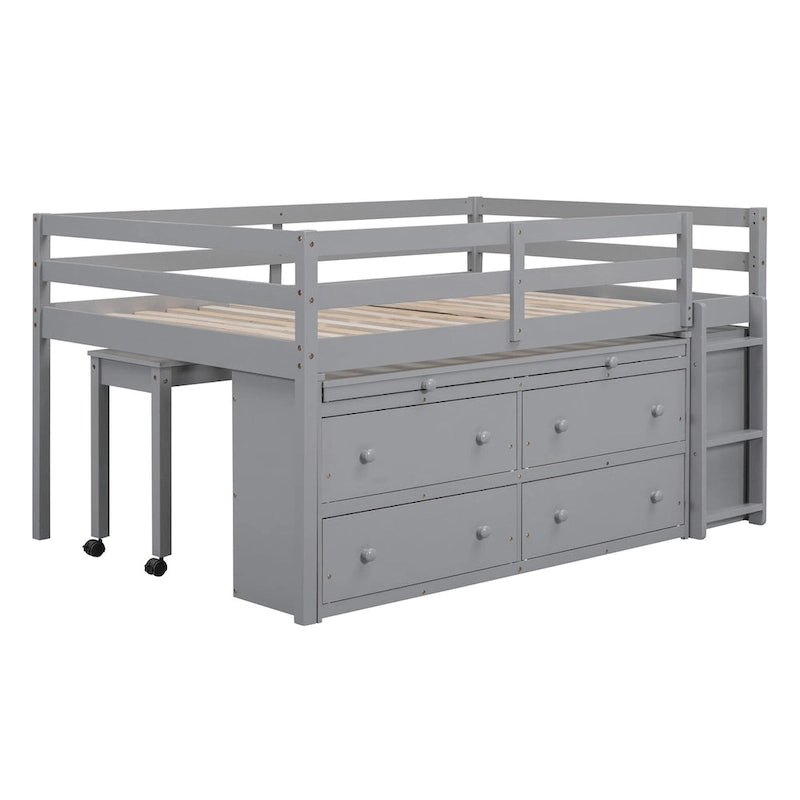 Loft Bed with Writing Desk and 4 Drawers, Wooden Loft Bed with Lateral Portable Desk and Shelves