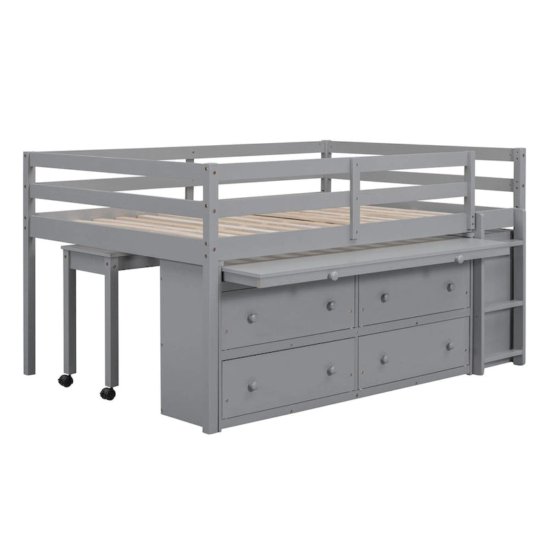 Loft Bed with Writing Desk and 4 Drawers, Wooden Loft Bed with Lateral Portable Desk and Shelves