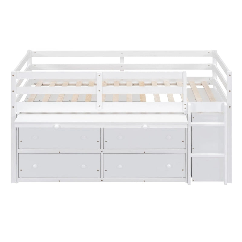 Loft Bed with Writing Desk and 4 Drawers, Wooden Loft Bed with Lateral Portable Desk and Shelves