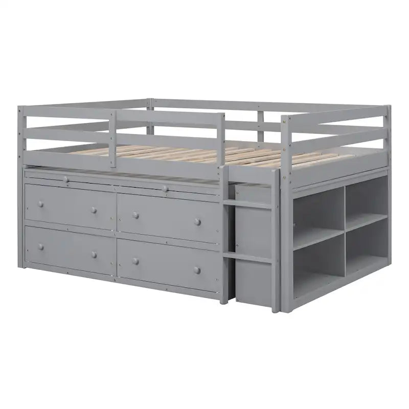 Loft Bed with Writing Desk and 4 Drawers, Wooden Loft Bed with Lateral Portable Desk and Shelves