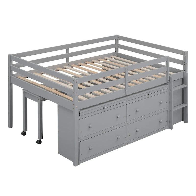 Loft Bed with Writing Desk and 4 Drawers, Wooden Loft Bed with Lateral Portable Desk and Shelves
