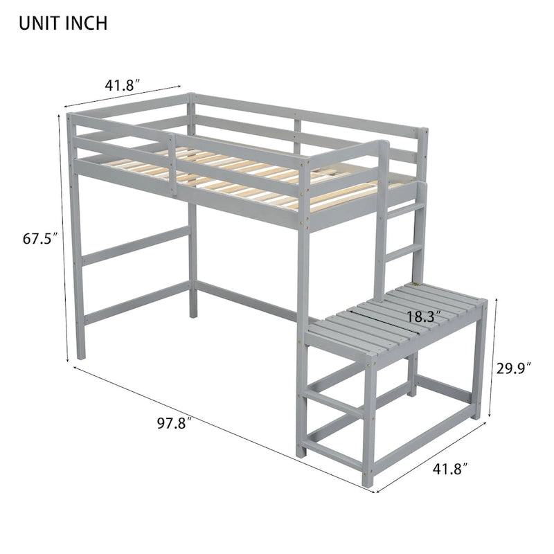 Twin High Loft Bed with Ladder landing Platform, Ladders, Guardrails