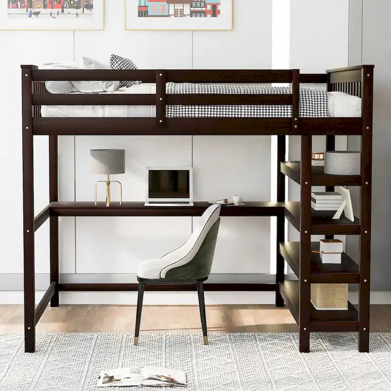 Espresso Solid Wood Loft Bed with Integrated Desk, Storage Shelves, and Stable Guardrails