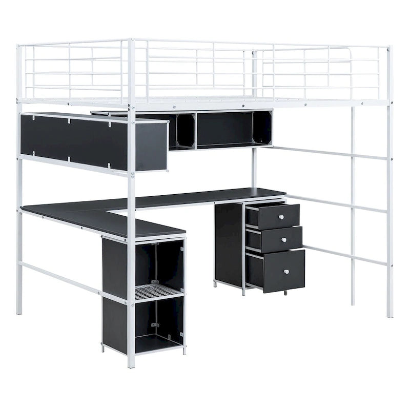 Full Size Metal Loft Bed with Bookcase,Desk,Cabinet and Ladder for Kids and Teens