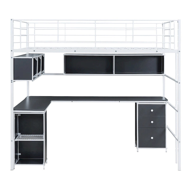 Full Size Metal Loft Bed with Bookcase,Desk,Cabinet and Ladder for Kids and Teens