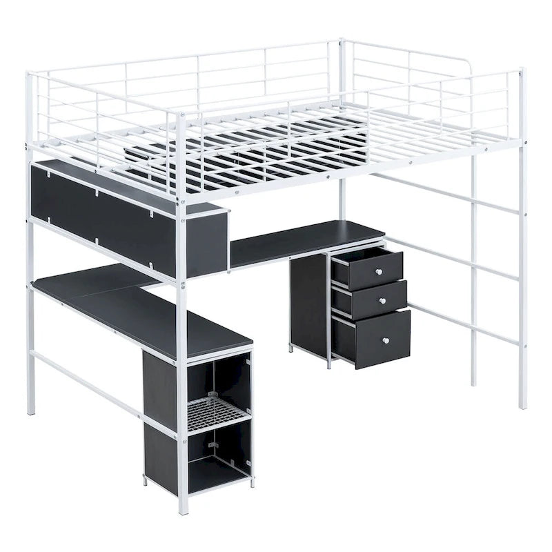 Full Size Metal Loft Bed with Bookcase,Desk,Cabinet and Ladder for Kids and Teens