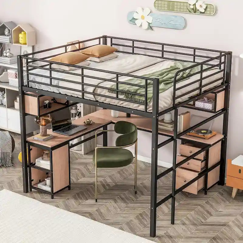 Full Size Metal Loft Bed with Bookcase,Desk,Cabinet and Ladder for Kids and Teens