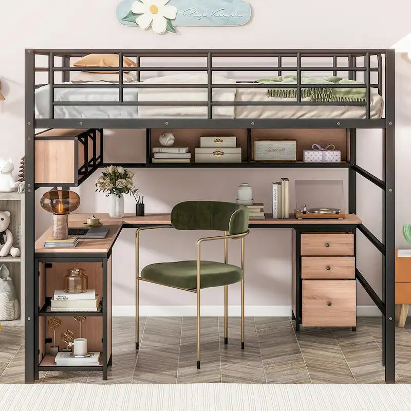 Full Size Metal Loft Bed with Bookcase,Desk,Cabinet and Ladder for Kids and Teens
