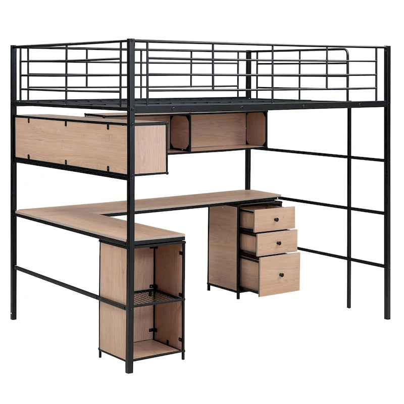 Full Size Metal Loft Bed with Bookcase,Desk,Cabinet and Ladder for Kids and Teens