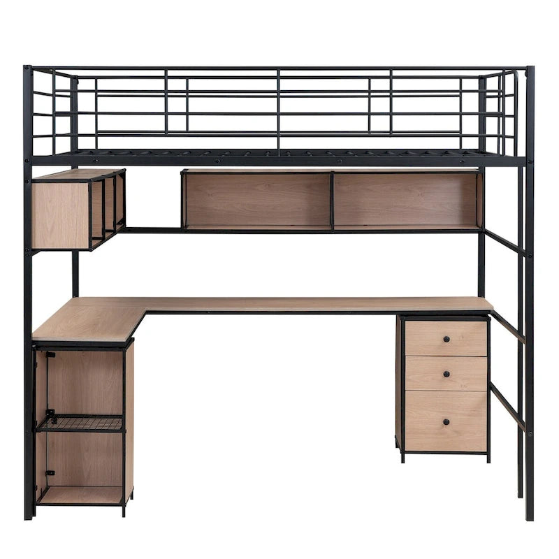 Full Size Metal Loft Bed with Bookcase,Desk,Cabinet and Ladder for Kids and Teens