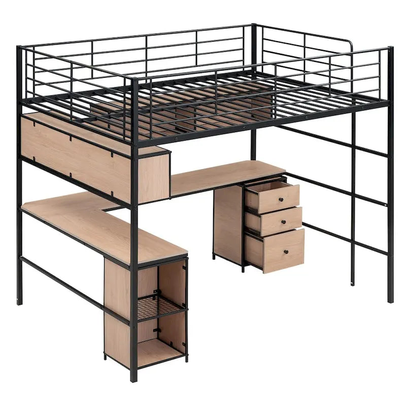 Full Size Metal Loft Bed with Bookcase,Desk,Cabinet and Ladder for Kids and Teens
