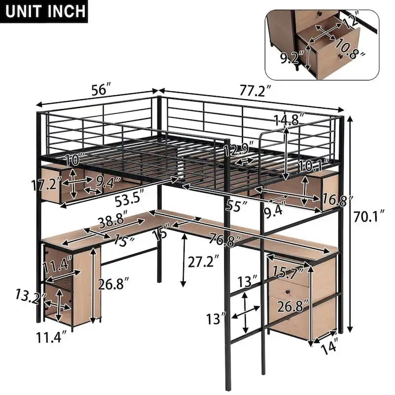 Full Size Metal Loft Bed with Bookcase,Desk,Cabinet and Ladder for Kids and Teens