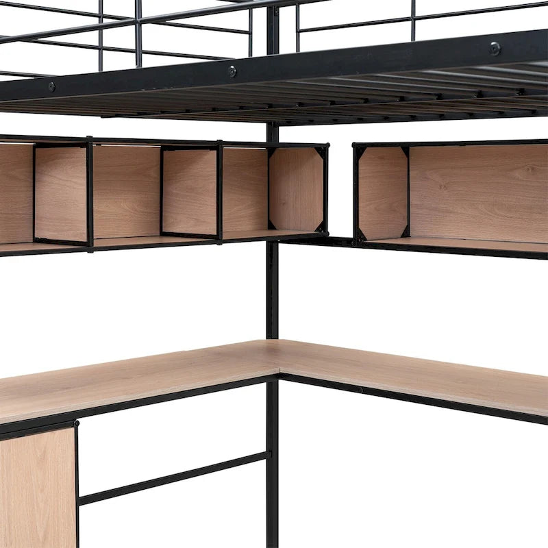 Full Size Metal Loft Bed with Bookcase,Desk,Cabinet and Ladder for Kids and Teens