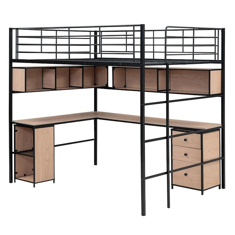 Full Size Metal Loft Bed with Bookcase,Desk,Cabinet and Ladder for Kids and Teens