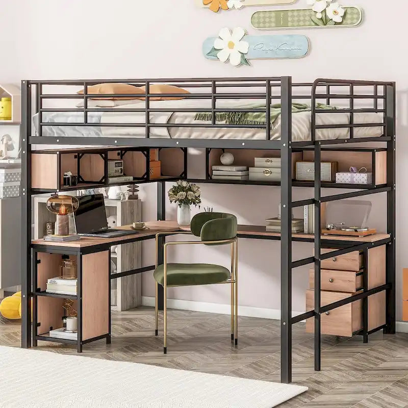 Full Size Metal Loft Bed with Bookcase,Desk,Cabinet and Ladder for Kids and Teens